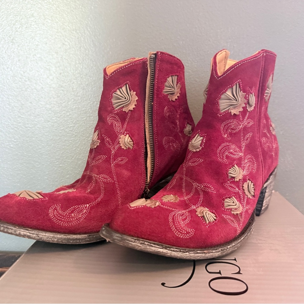 Old Gringo Belleville Rose Red Suede with Tan AbbyFloral Embroidered Ankle Boots
